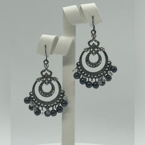 INC Vintage Black and Silver Tone Dangling Chandelier Earnings 2 inch - Picture 3 of 5